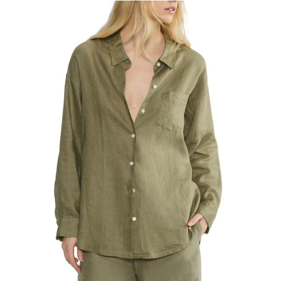 Aritzia Babaton Relaxed Linen Green Casual Button Down Shirt Blouse S - Picture 7 of 7